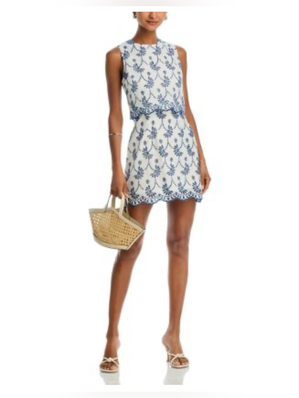 Aqua White Mini Dress with Blue Embroidery